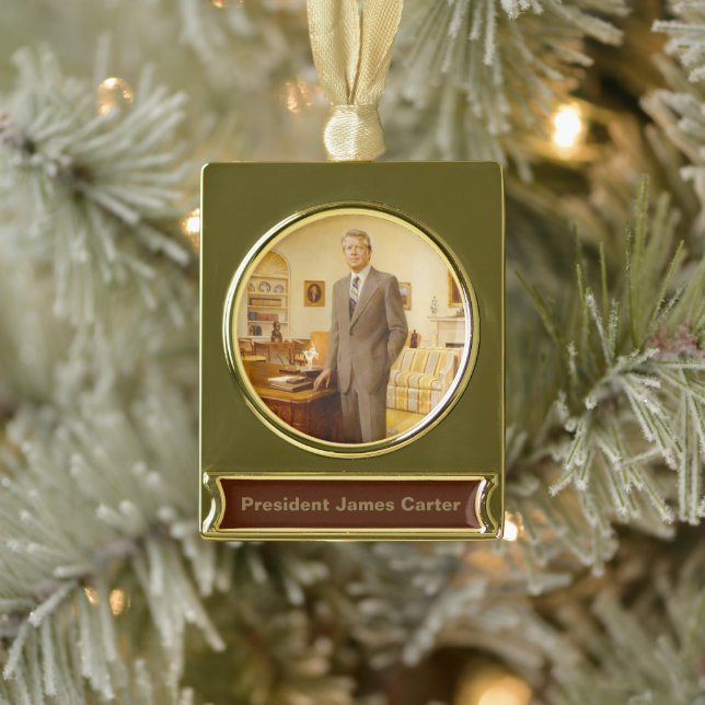 James Earl Carter Painted US-Präsident Portrait Banner-Ornament Gold (Baum)