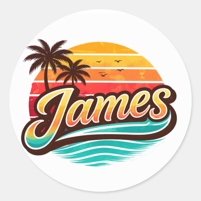 James Retro Sonnenuntergang Tropisches Namensdesig Runder Aufkleber (Vorderseite)