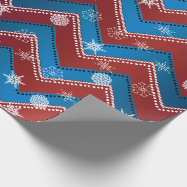 Jamestown Xmas-Red+Blue ZigZag+White Snowflakes v2 Geschenkpapier (Ecke)