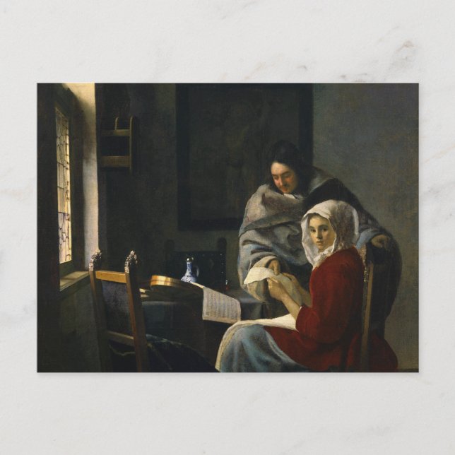 Jan Vermeer - Mädchen unterbricht ihre Musik Postkarte (Vorderseite)