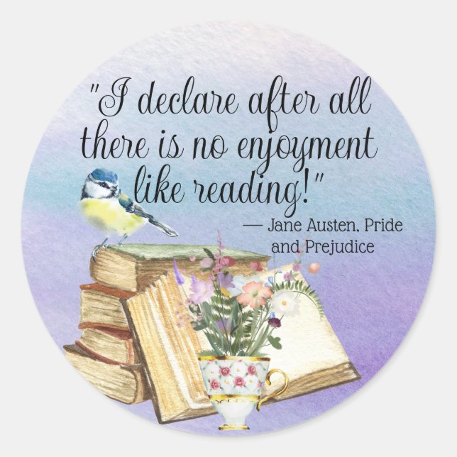Jane Austen Book Reading Quote Watercolor Blume Runder Aufkleber (Vorderseite)