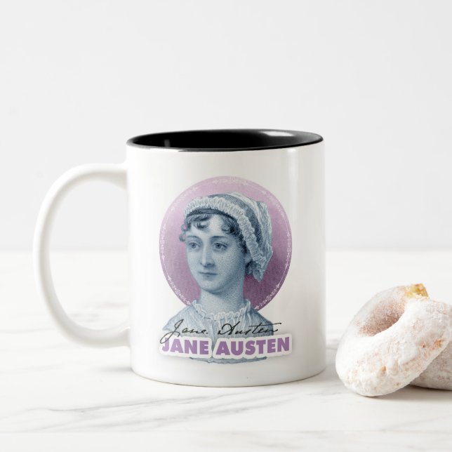 Jane Austen Portrait und Signature Pink Zweifarbige Tasse (Mit Donut)