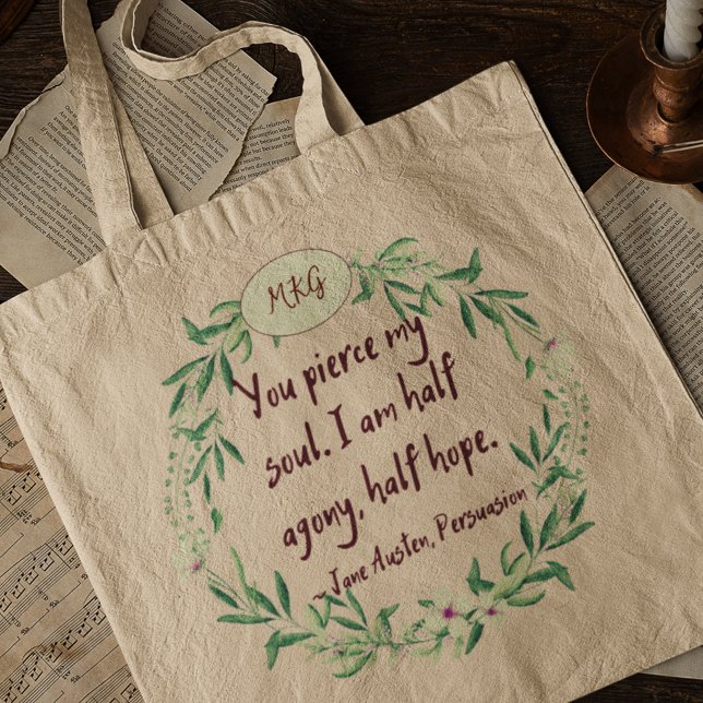 Jane Austen Quote Romantic Monogram Bookworm Tragetasche (Von Creator hochgeladen)