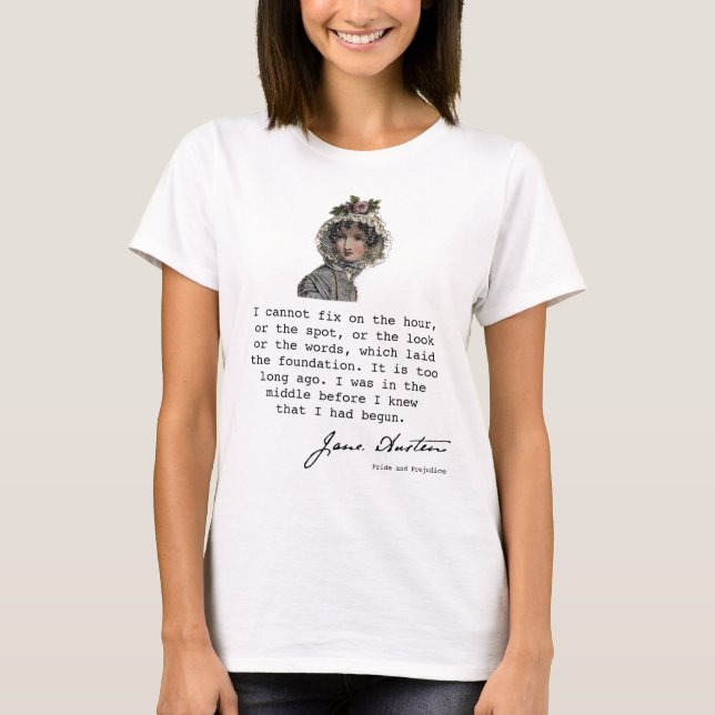Jane Austen Vintage Modeplatte und Buchquote T-Shirt (Vorderseite)