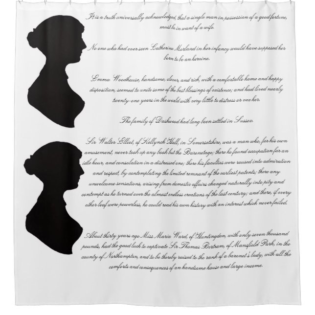 Jane Austen's silhouette & first novel lines Duschvorhang (Vorderseite)