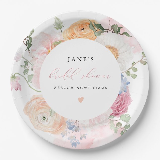 JANE Blush Floral Petals & Prosecco Brautparty Pappteller (Vorderseite)