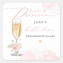 JANE Blush Floral Petals & Prosecco Brautparty Quadratischer Aufkleber