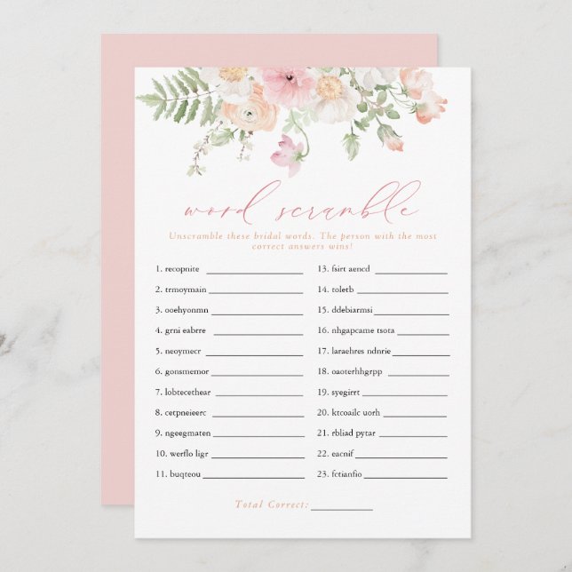 JANE Blush Pink Floral Bridal Word Scramble Game Einladung (Vorne/Hinten)