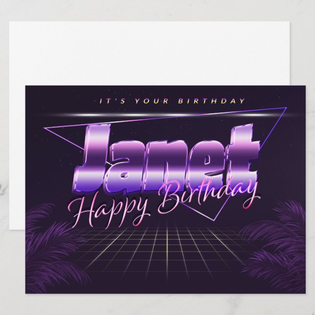 Janet Name Vorname lila retro Karte Geburtstag (Vorne/Hinten)