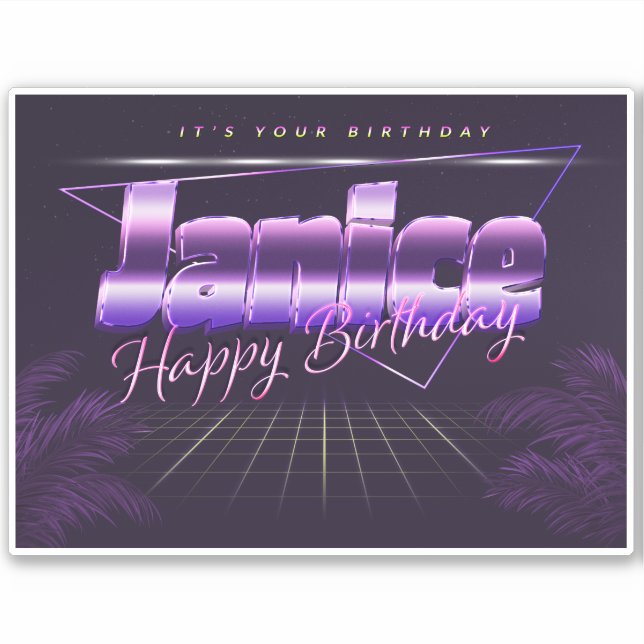 Janice Name Vorname lila retro Sticker Geburtstag (Vorderseite)