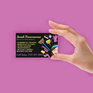Janitorial Lady Cartoon Girl Black House Reinigung Visitenkarte