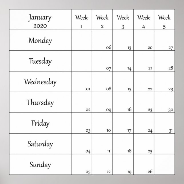 Januar 2020 Planer Kalender mit Wochennummer Poster (Vorne)