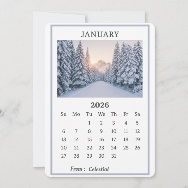Januar 2026 Snowy Mountain Calendar Page Einladung (Vorderseite)