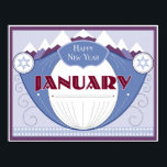 Januar Art Deco Winter Szene mit Snowy Mountains Poster<br><div class="desc">Diese Bilder,  die aus unserem beliebten Art-Deco-Kalender adaptiert wurden,  zeigen jeden Monat des Jahres so,  als wäre es ein Vintages Seifenlabel. Der Januar bringt Winterzeit mit Bergen und Schnee zusammen.</div>
