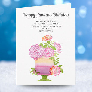 Januar-Nelken-Geburtstagsblumen auf Kuchen Karte