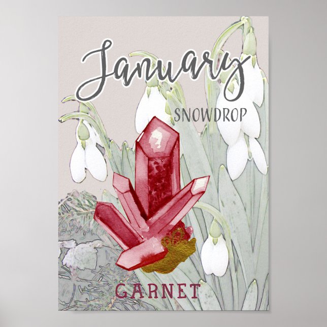 Januar Snowdrops und Garnet Geburtstag Poster (Vorne)