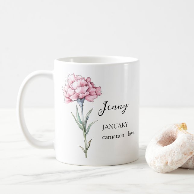JANUARKARNATION GEBURTSGEBURTSBLUME MONAT NAME GIF KAFFEETASSE (Mit Donut)