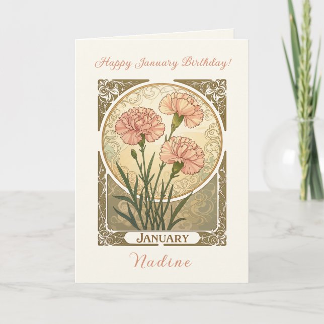 January Birth Flower Pink Carnations Art Nouveau S Karte (Vorderseite)