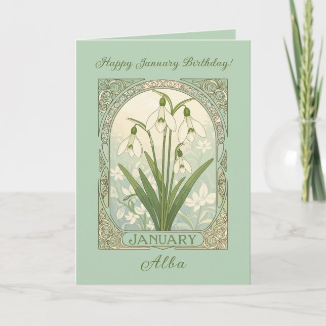January Birthday Galanthus Flowers Art Nouveau Sty Karte (Vorderseite)