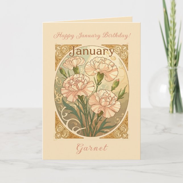 January Birthday Pink Dianthus Flowers Art Nouveau Karte (Vorderseite)