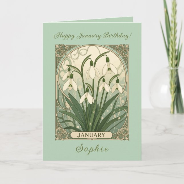 January Birthday Snowdrop Flowers Art Nouveau Styl Karte (Vorderseite)