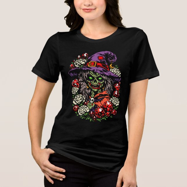 January Zombie Witch with Gems and Flowers Tri-Blend Shirt (Vorderseite)