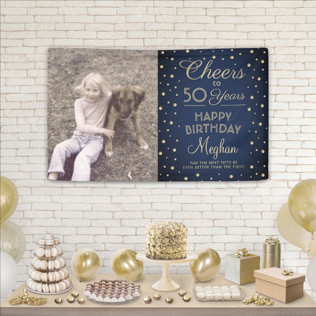 JANY Birthday Cheers Navy Blue Gold Confetti Foto Banner (Von Creator hochgeladen)