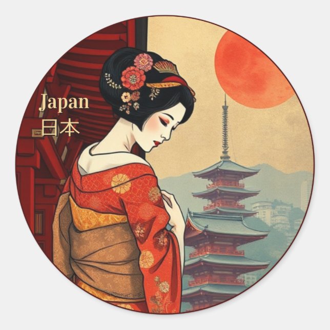 Japan 日 本 Maiko geisha pagoda retro Runder Aufkleber (Vorderseite)