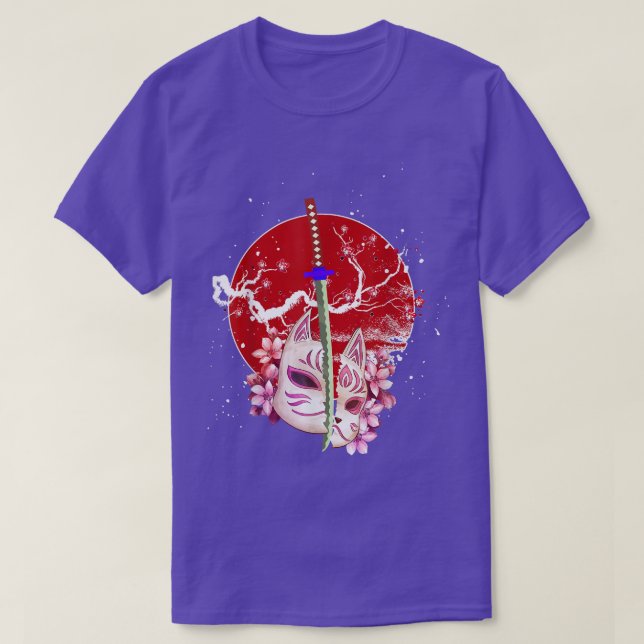 Japan Anime Mask Kitsune Sakura Samurai Oni Monste T-Shirt (Design vorne)