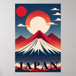 Japan Berg Fuji Geometrischer Reise Roter Sonne Poster