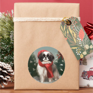 Japan-Chin-Hund im Schnee Weihnachten Runder Aufkleber