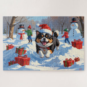 Japan-Chin läuft im Schnee mit Weihnachtsmütze Puzzle