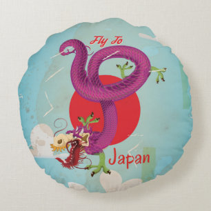 Japan-Drache Vintage-Reiseposter Rundes Kissen