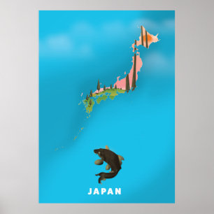 Japan Illustriert Map Reiseplakat drucken. Poster