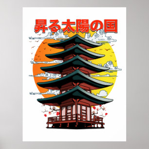 Japan, Land des aufgehenden Sonnentempel-Logos Poster