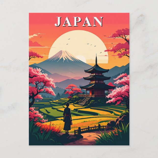 Japan Mount Fuji, Pagoda Kirschblüten Vintag Postkarte (Vorderseite)