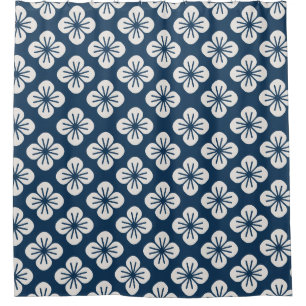 Japan Navy Blau Elfenbein Blumen Geometrisches Mus Duschvorhang