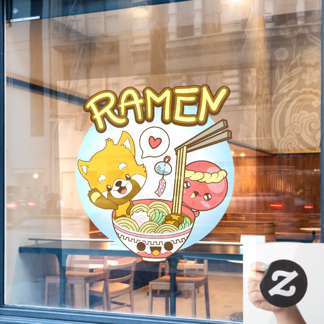 Japan Niedlich Red Panda Octopus Eat Ramen Restaur Fensteraufkleber (Café-Fenster)