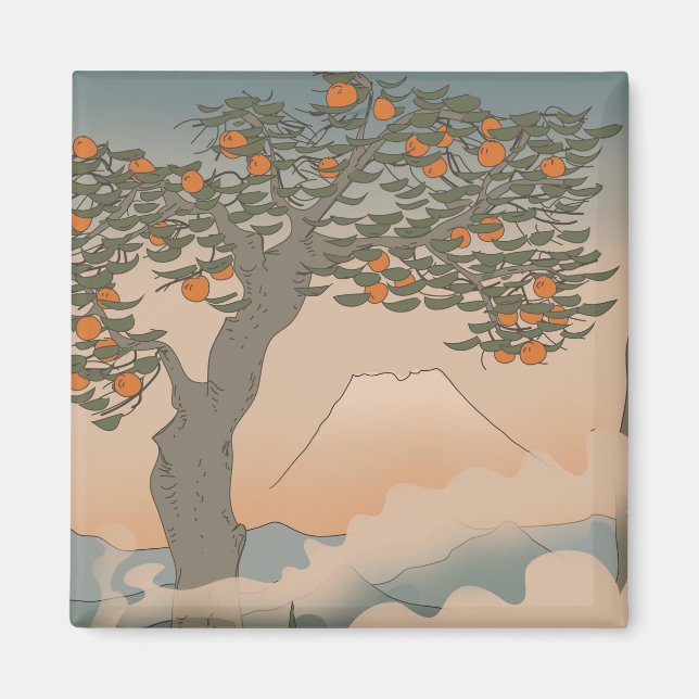Japan Orange Baum im Nebel Magnet (Vorne)