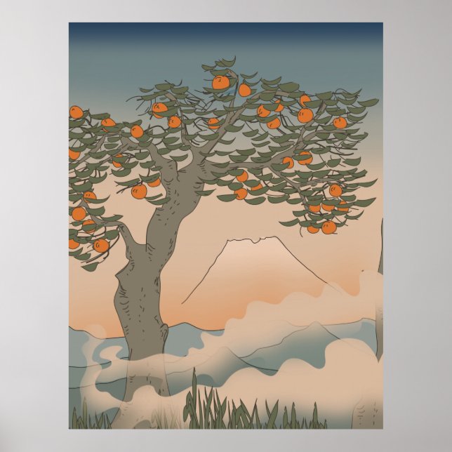 Japan Orange Baum im Nebel Poster (Vorne)