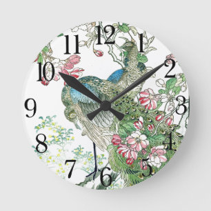 Japan Peacock Birds Crabapple Blossoms Wall Clock Runde Wanduhr