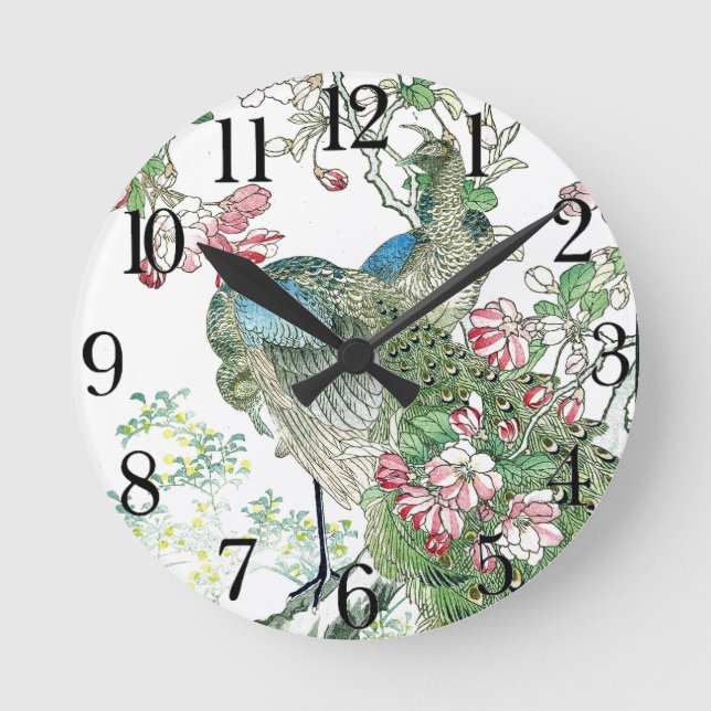 Japan Peacock Birds Crabapple Blossoms Wall Clock Runde Wanduhr (Vorderseite)