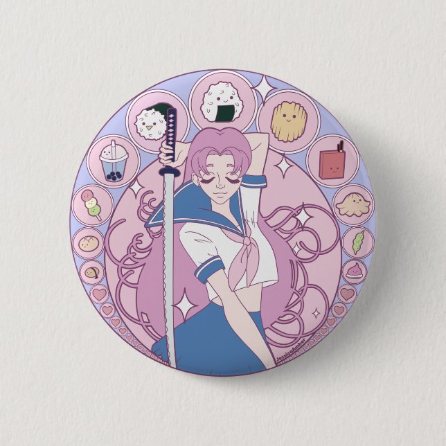 Japan Pink Anime Schoolgirl Art Nouveau Button (Vorderseite)