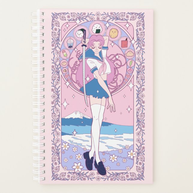 Japan Pink Anime Schoolgirl Art Nouveau Englisch Planer (Vorderseite)