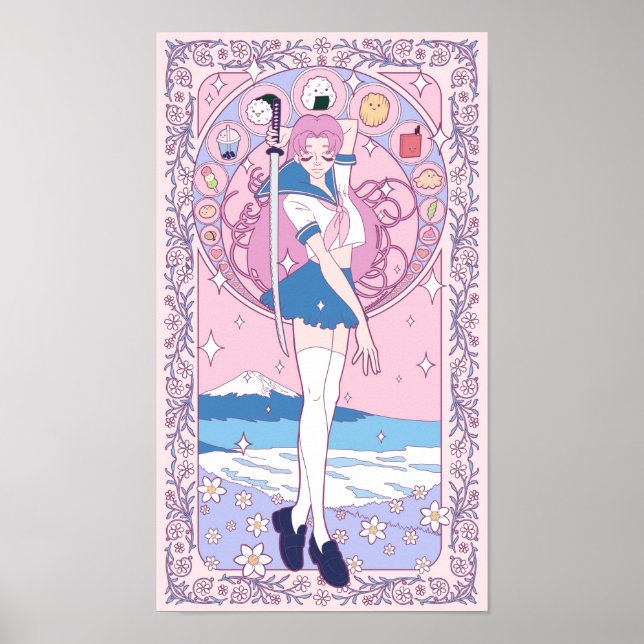 Japan Pink Anime Schoolgirl Art Nouveau Poster (Vorne)