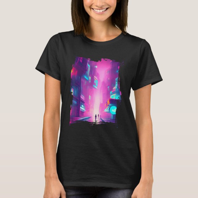 Japan Pink Blue Lights Vaporwave City T-Shirt (Vorderseite)