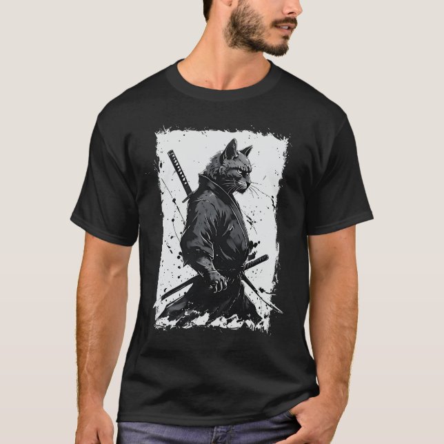 Japan Samurai Cat Twin Katanas Art Japanese Ukiyo- T-Shirt (Vorderseite)