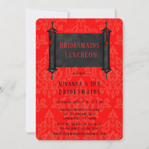 Japan Scroll Red Black Damask Bridesmaids Luncheon Einladung