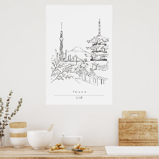 Japan Skyline & Pagoda Minimalistische Linienkunst Poster