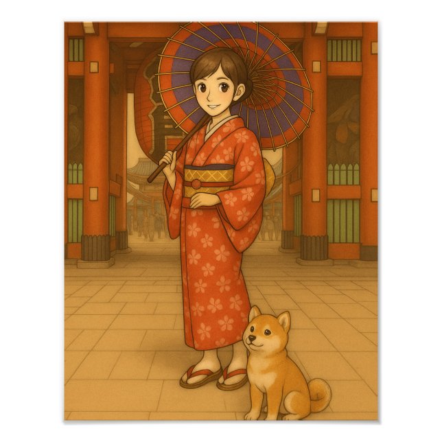 Japan Spaziergang - Kimono Girl and Shiba Hund Kun Fotodruck (Vorne)